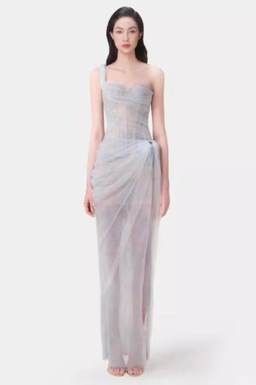 Women's One Shoulder Lace Corset Maxi Dress Blue