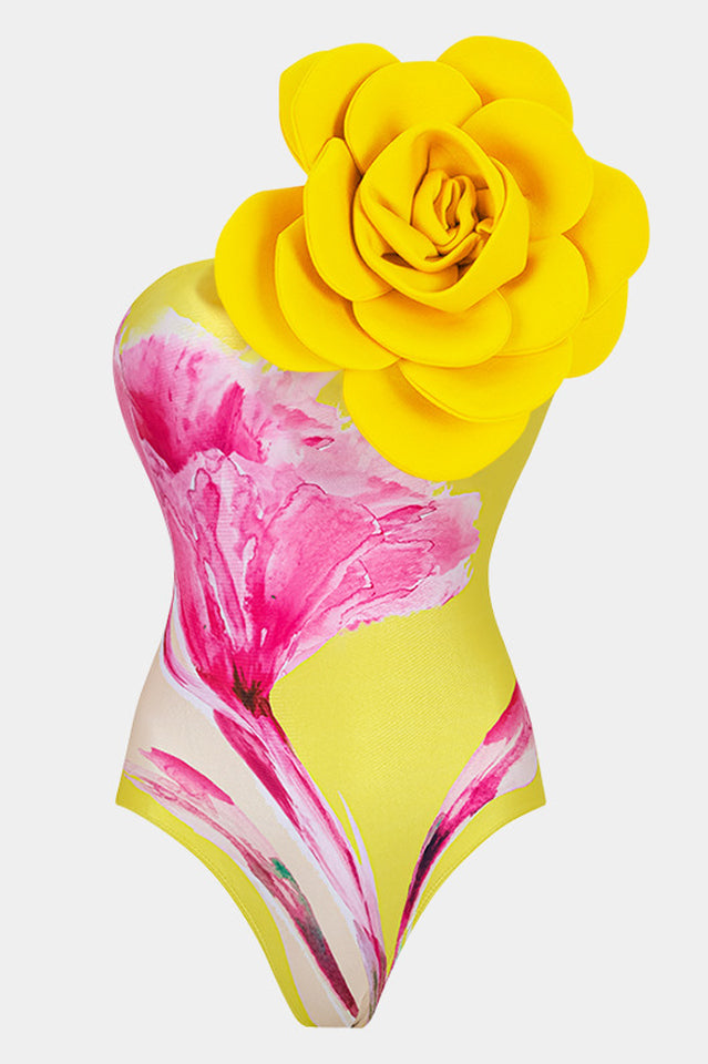 Women's 3D Flower One Shoulder Swimsuit & Skirt Set