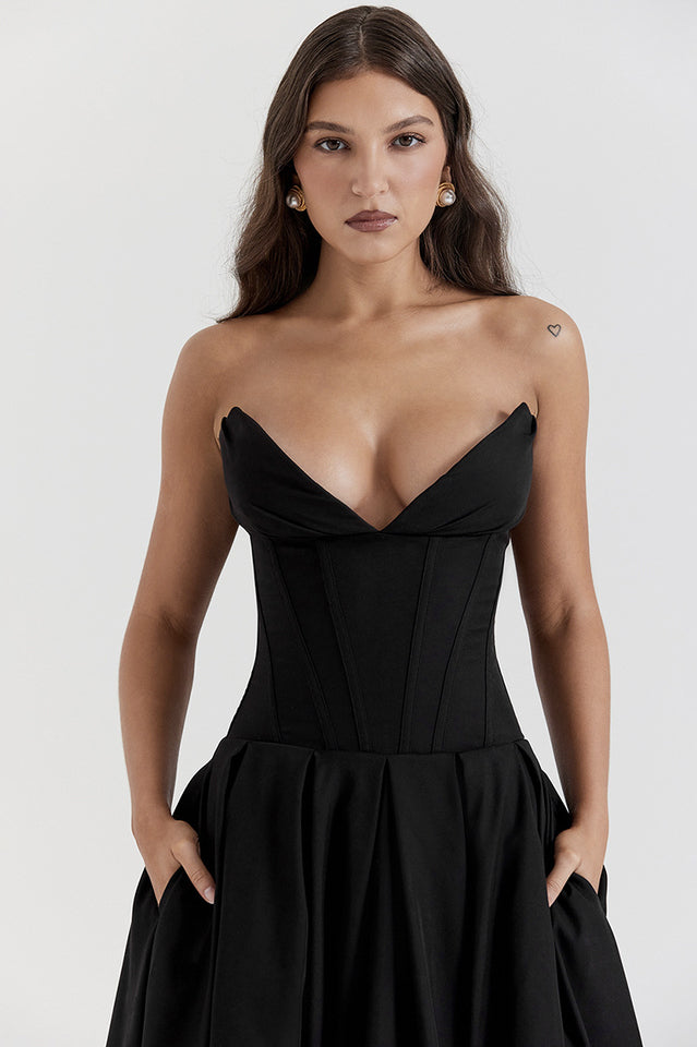 Women's Lady Black Strapless Midi Dress