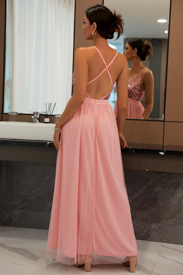 Women's Sequined Backless Tulle Evening Prom