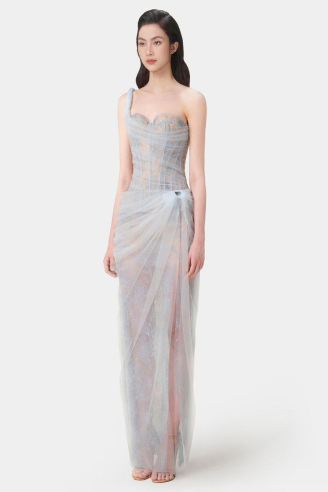 Women's One Shoulder Lace Corset Maxi Dress Blue