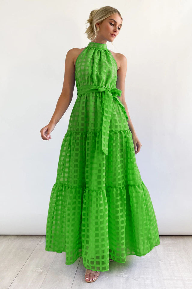 Women's Check Halter Neck Tie Waist Maxi Dress Green