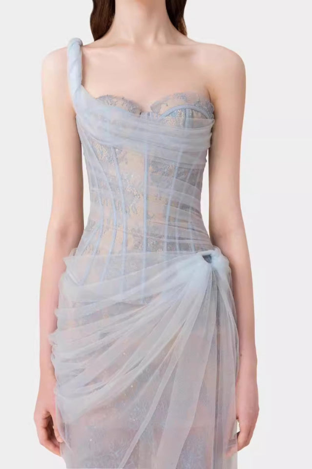Women's One Shoulder Lace Corset Maxi Dress