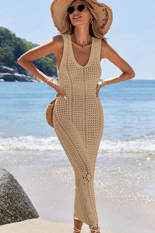 Women's Hollow Out Sleeveless Sweater Dress Khaki