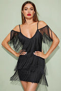 Women's Pora Mini Halter Dress with Tassels Black