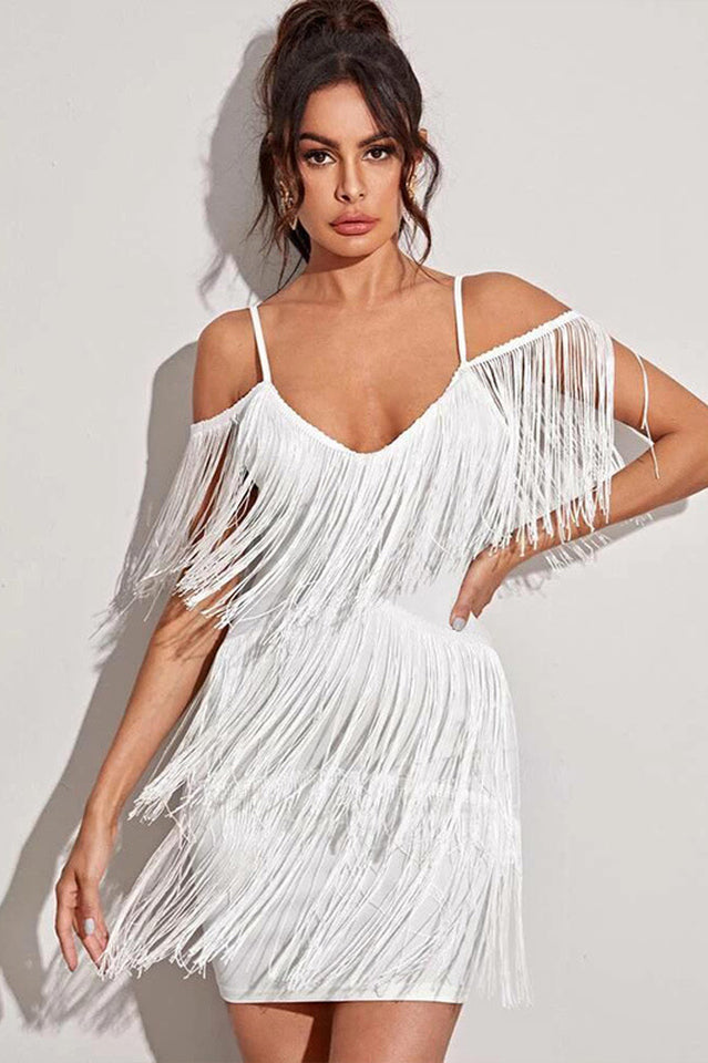 Women's Pora Mini Halter Dress with Tassels White