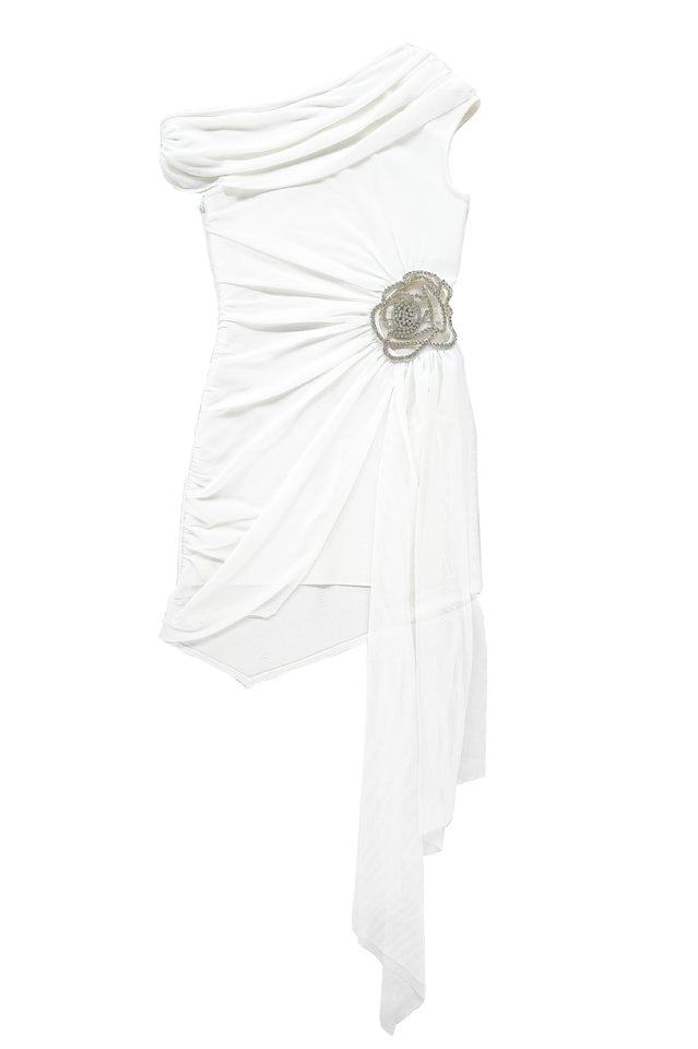 Women's Asymmetric Embroidered Rose Mini Dress White