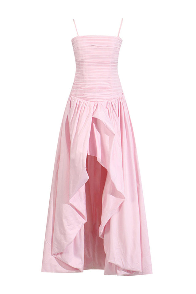 Women's Strapless Ruched Puff Maxi Dress Pink