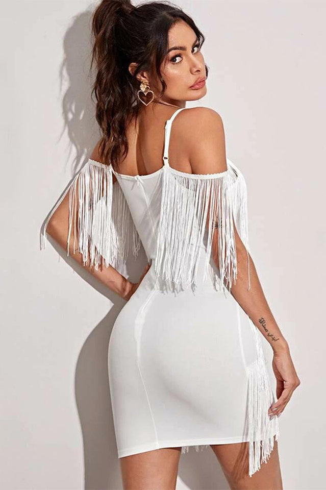 Women's Pora Mini Halter Dress with Tassels White