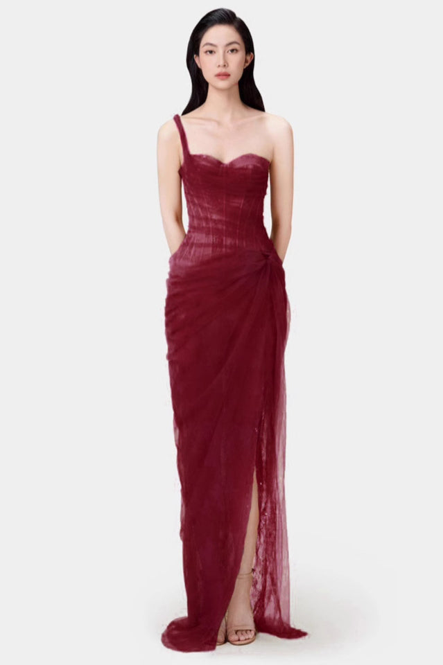 Women's One Shoulder Lace Corset Maxi Dress Red