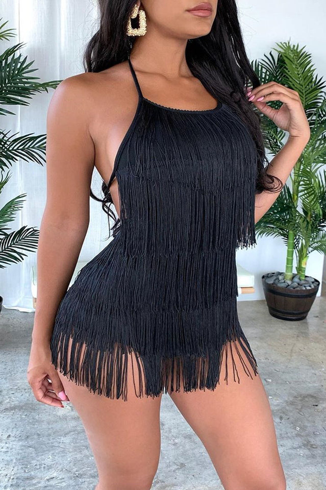 Women's Halter Fringe Romper Black