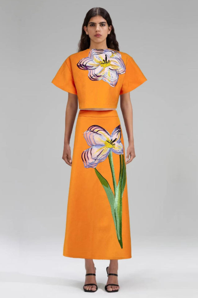Women's Angelica Floral Applique Skirt Set Orange