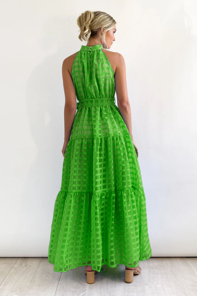 Women's Check Halter Neck Tie Waist Maxi Dress