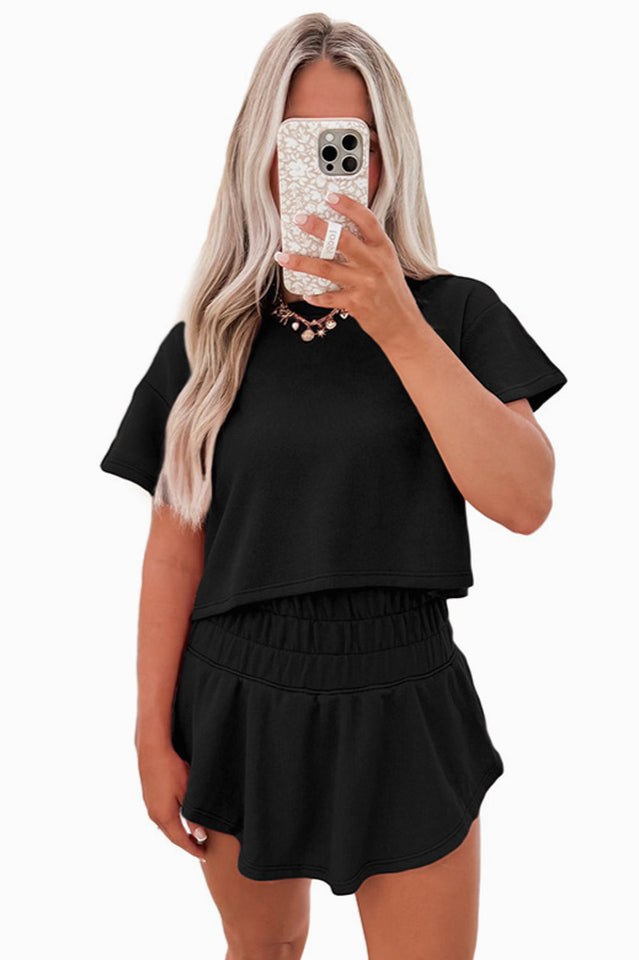 Women's Cropped Tee and Ruffle Skort Set Black
