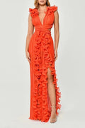 Women's V-Neck Cut-Out Pleated Split Maxi Dress Orange