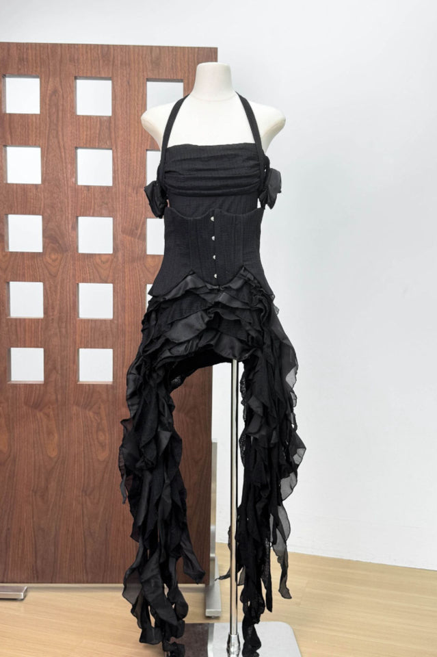 Women's Ivria Halterneck Ruffled Draped Dress Black