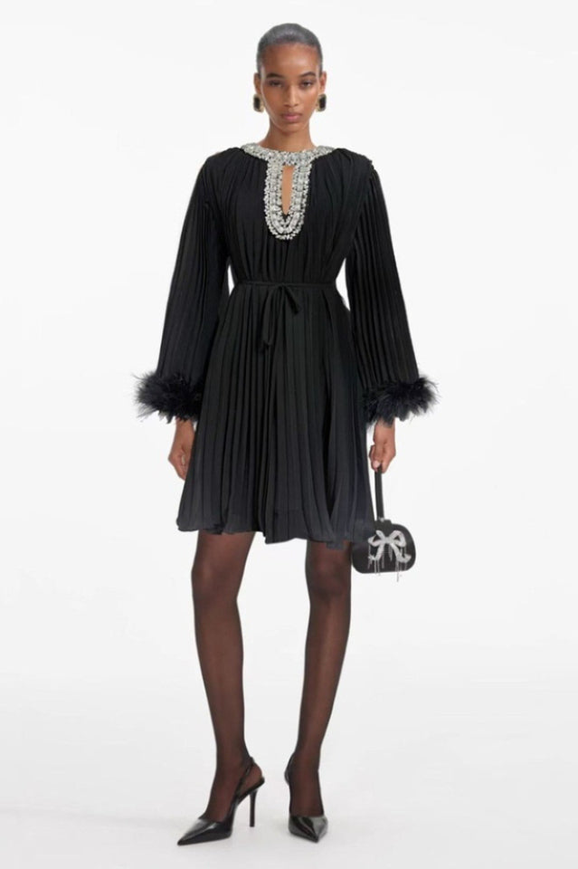 Women's Gabrielle Diamante Feathered Pleated Mini Dress Black