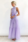 Women's Check Halter Neck Tie Waist Maxi Dress Lilac
