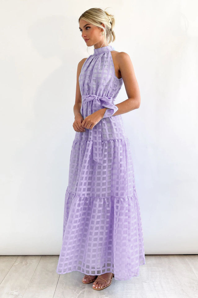 Women's Check Halter Neck Tie Waist Maxi Dress Lilac