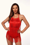 Women's Halter Fringe Romper Red