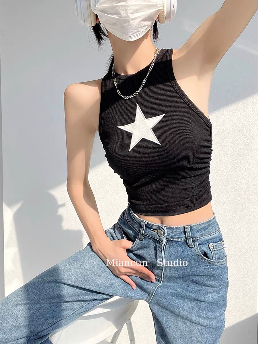 Women's Star Patch Cropped Tank Top Black