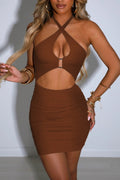 Women's Sexy Teardrop Halter Dress Coffee