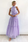 Women's Check Halter Neck Tie Waist Maxi Dress Lilac XL