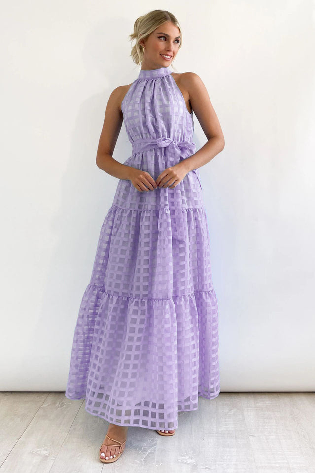 Women's Check Halter Neck Tie Waist Maxi Dress Lilac XL