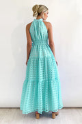 Women's Check Halter Neck Tie Waist Maxi Dress