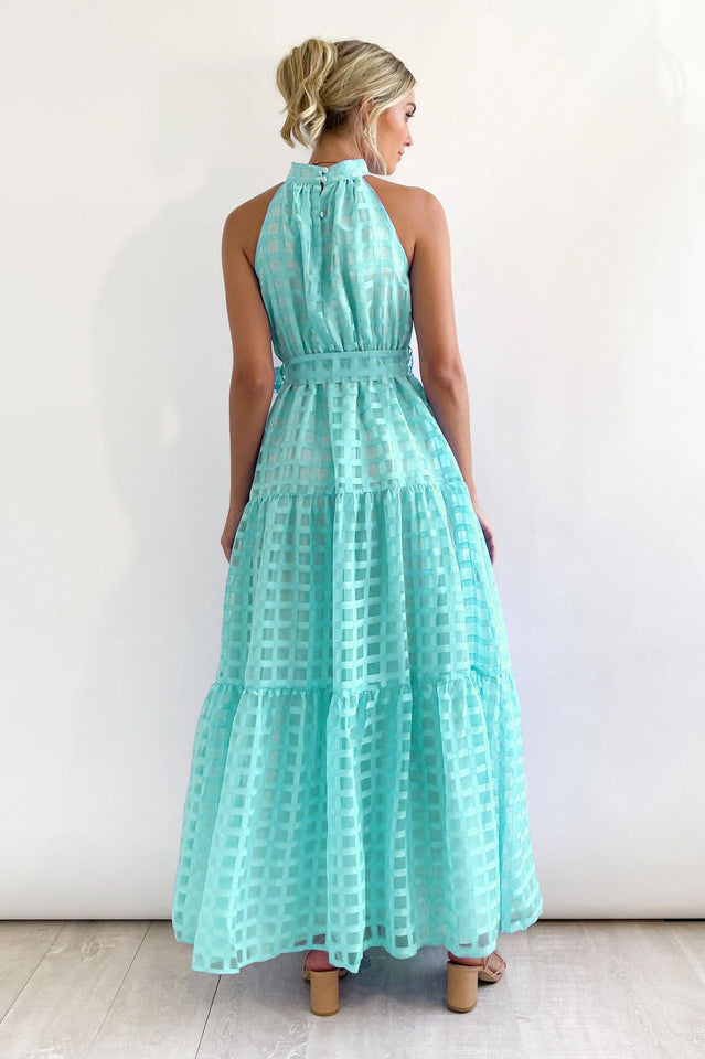 Women's Check Halter Neck Tie Waist Maxi Dress