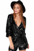 Women's Deep V Sequin Shining Romper Black