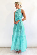 Women's Check Halter Neck Tie Waist Maxi Dress