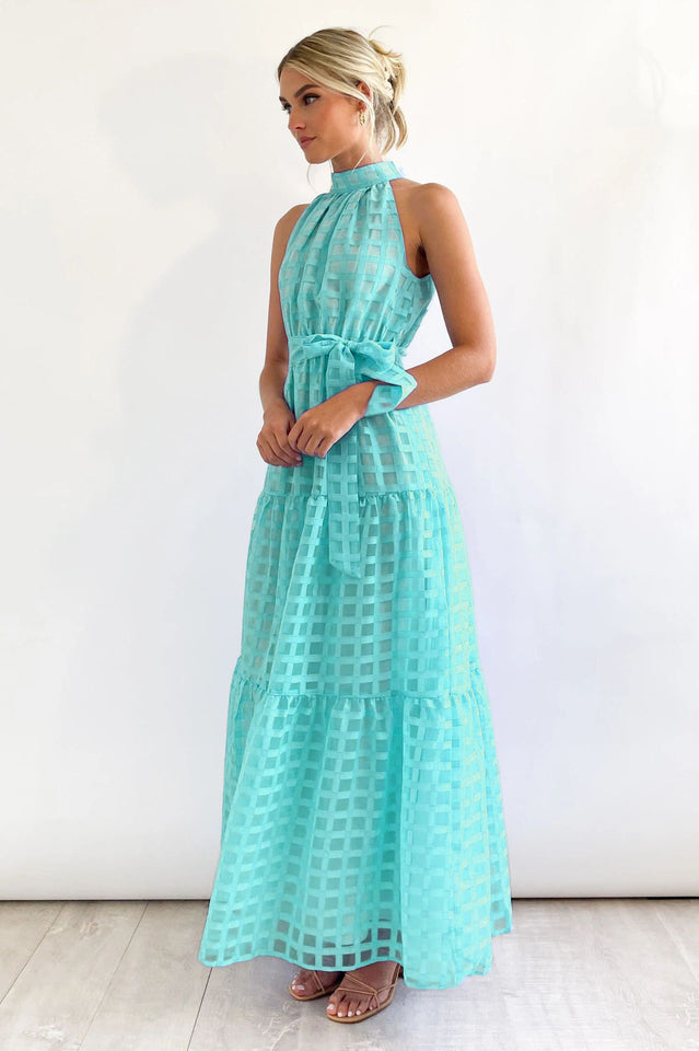 Women's Check Halter Neck Tie Waist Maxi Dress