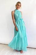 Women's Check Halter Neck Tie Waist Maxi Dress Aqua