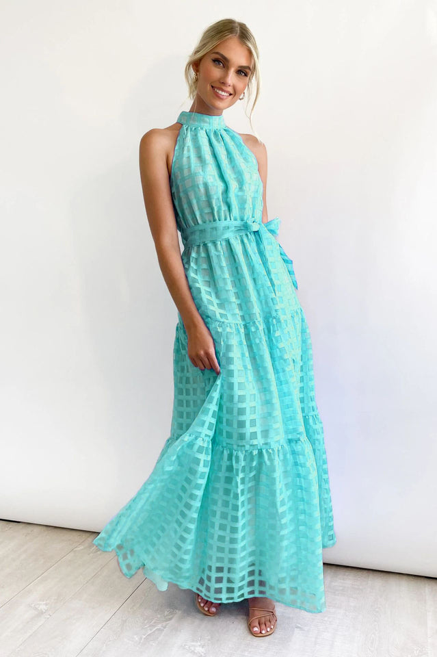 Women's Check Halter Neck Tie Waist Maxi Dress Aqua