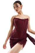 Women's Lace Corset Draped Mini Dress Burgundy