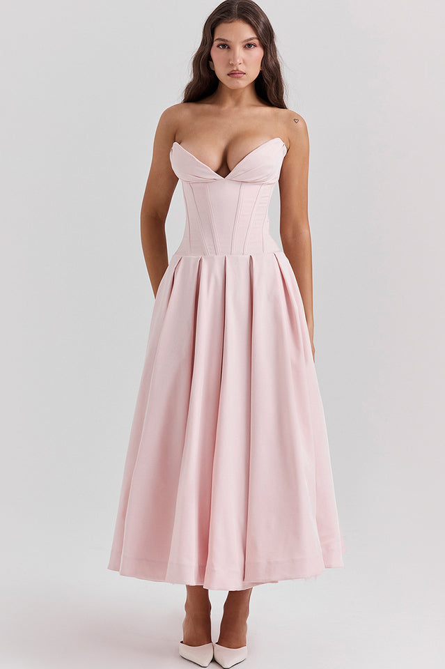 Women's Lady Black Strapless Midi Dress Peach Pink