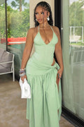 Women's V-Neck Bodysuit Wrap Skirt Set Green