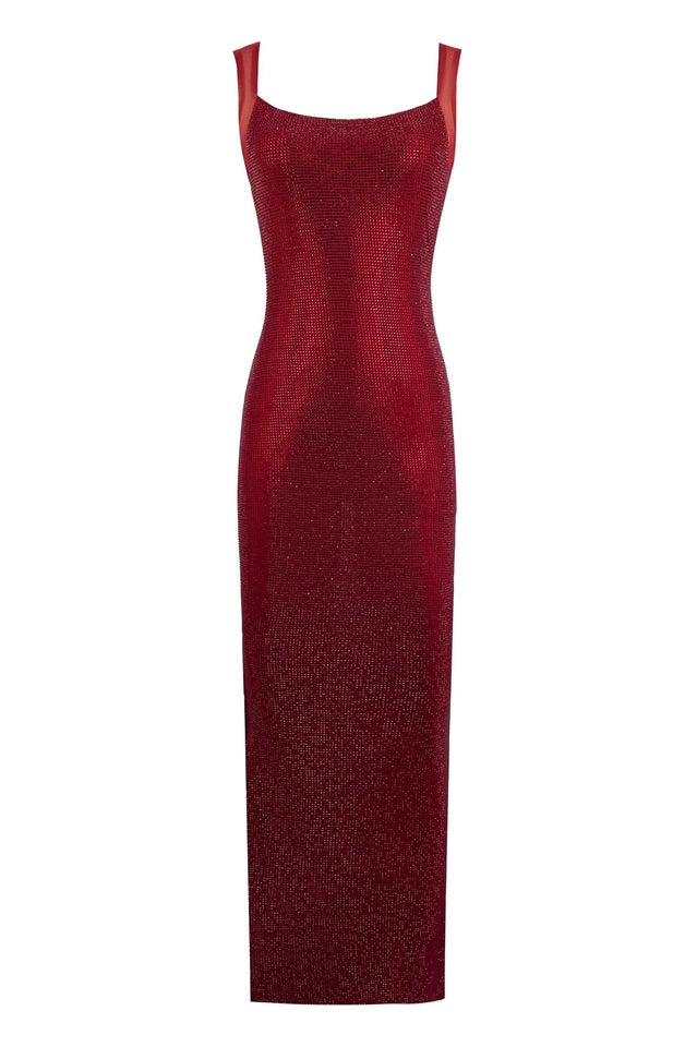 Women's Rhinestone Bodycon Backless Maxi Dress Burgundy