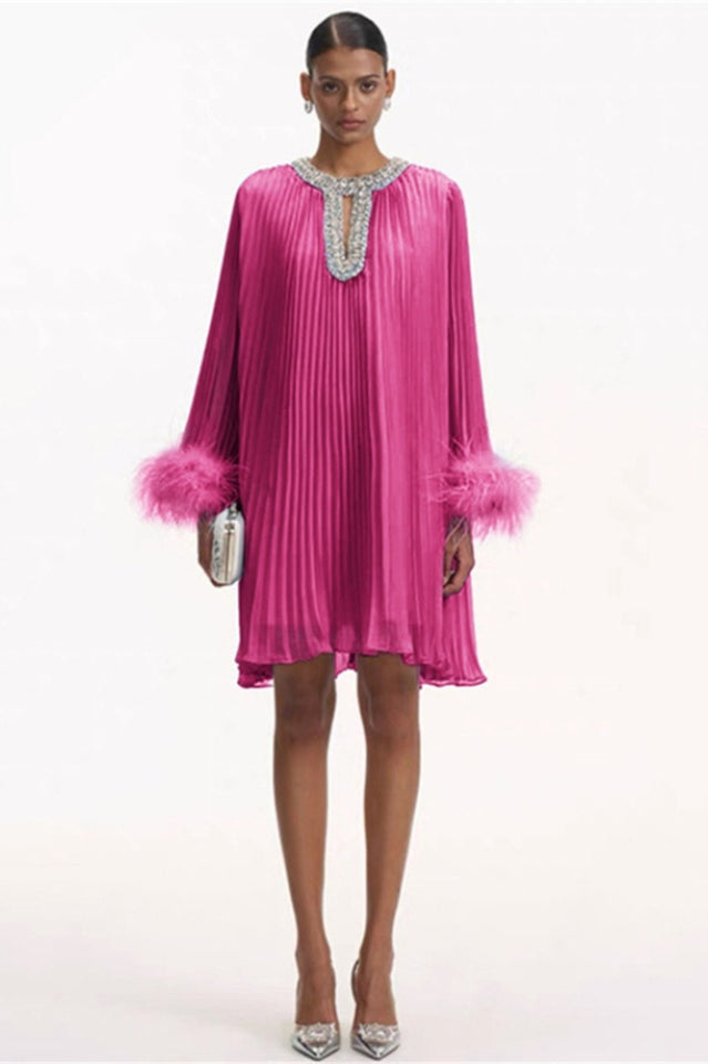 Women's Gabrielle Diamante Feathered Pleated Mini Dress Hot Pink