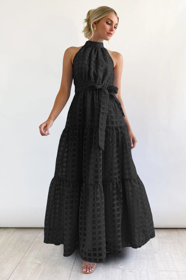 Women's Check Halter Neck Tie Waist Maxi Dress Black