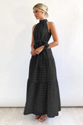Women's Check Halter Neck Tie Waist Maxi Dress