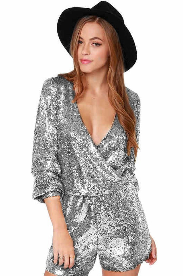 Women's Deep V Sequin Shining Romper Silver