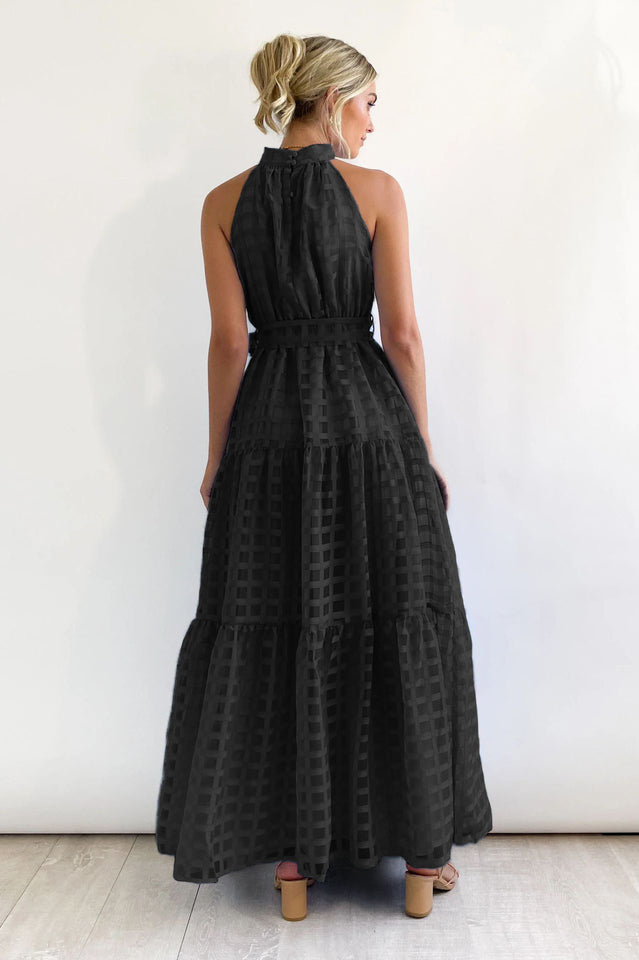 Women's Check Halter Neck Tie Waist Maxi Dress