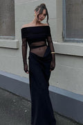 Women's Off-Shoulder Mesh Hollow-Out Bodycon Dress Black M