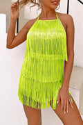 Women's Halter Fringe Romper Green