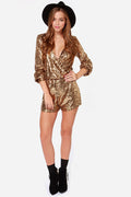 Women's Deep V Sequin Shining Romper Gold