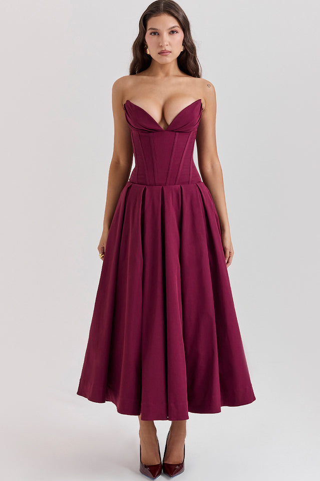 Women's Lady Black Strapless Midi Dress Wine