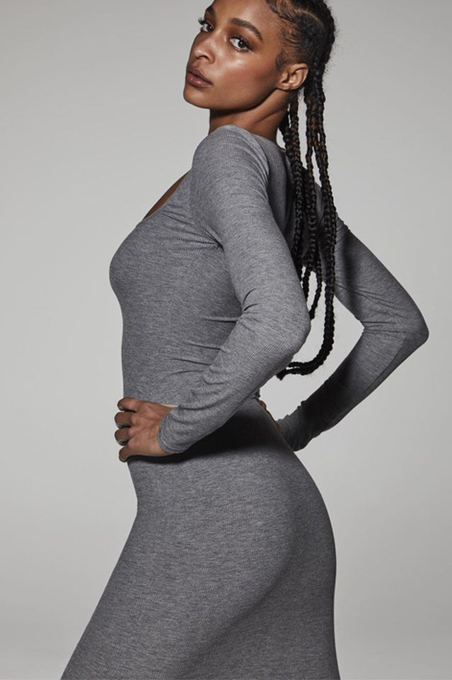 Women's Ribbed Long Sleeve Square Neck Dress