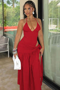 Women's V-Neck Bodysuit Wrap Skirt Set Red